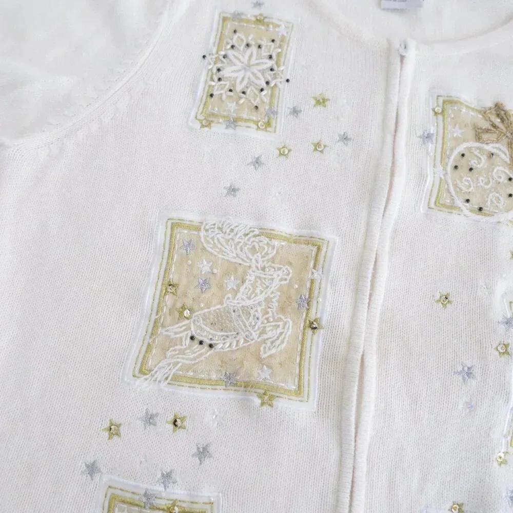 Vintage Tiara Cream Ugly Christmas Beaded Reindeer Zip Up Cardigan Sweater XL - Picture 9 of 16